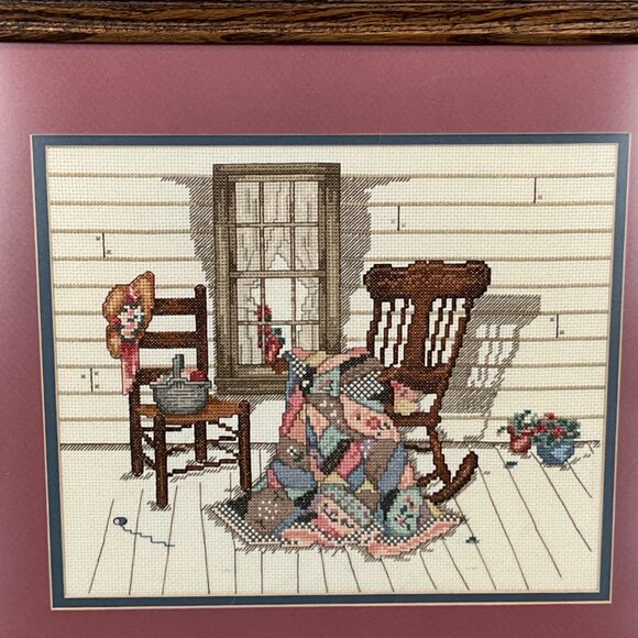 Framed Cross-Stitch Country Porch Scene With Rocking Chair & Quilt - Picture 1 of 5